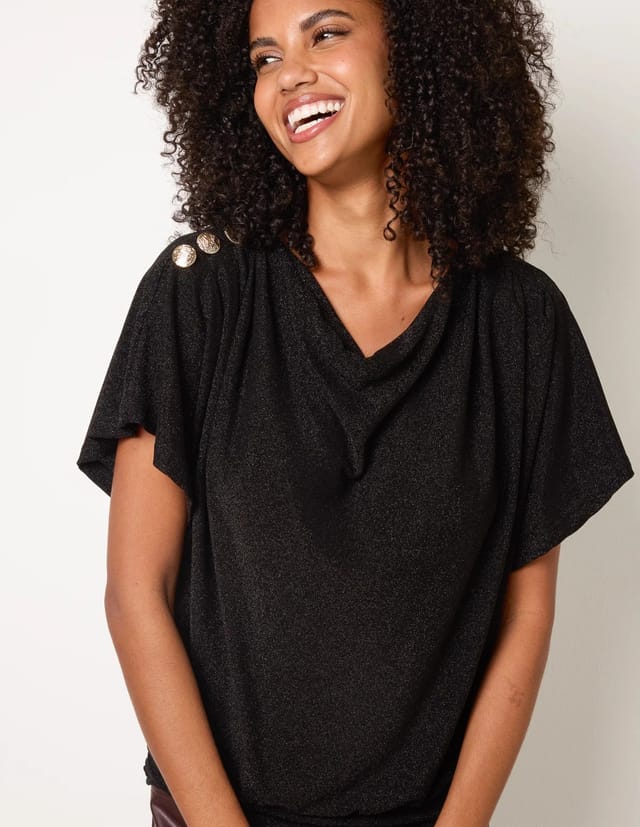 Blue Vanilla Button Detail Draped Cowl Neck Top - 3