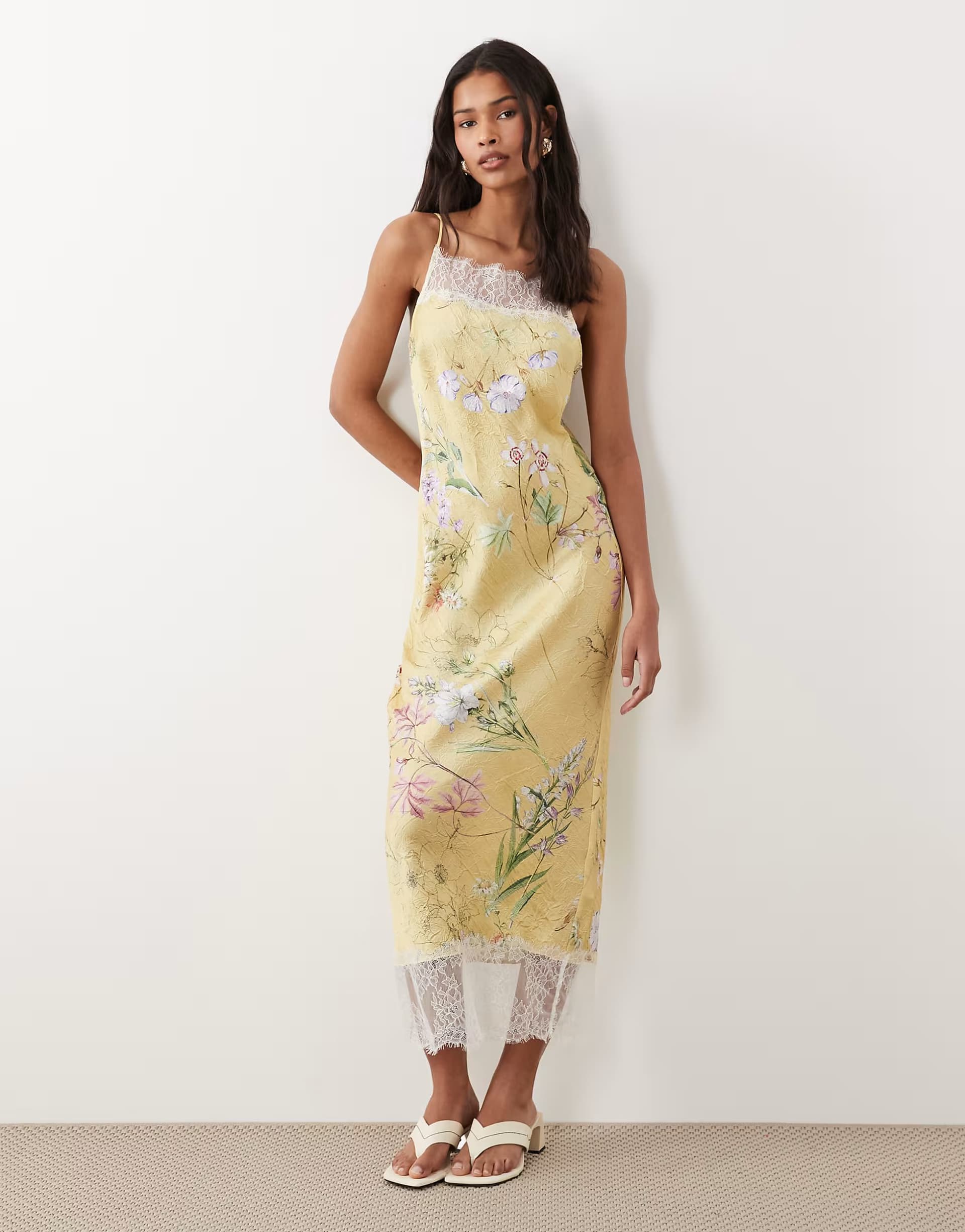 ASOS ASOS DESIGN satin high neck cami midi dress with lace trims in yellow floral print