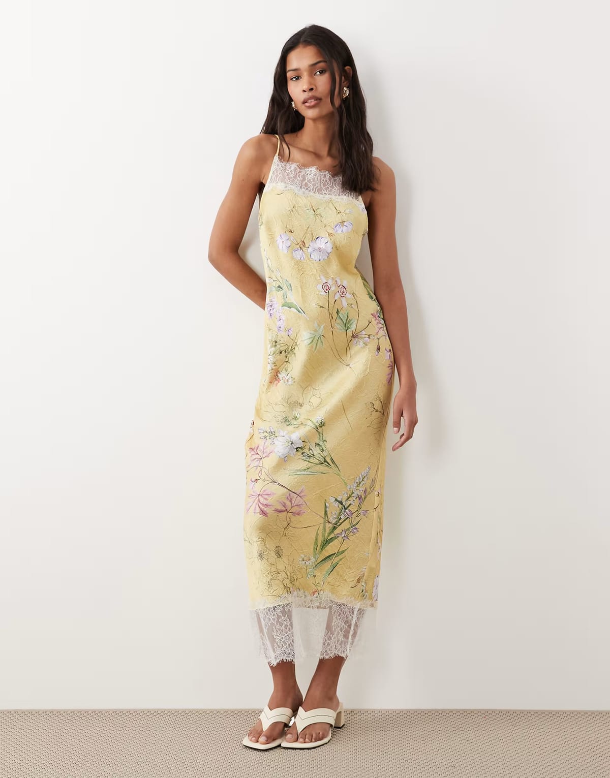ASOS ASOS DESIGN satin high neck cami midi dress with lace trims in yellow floral print - 1