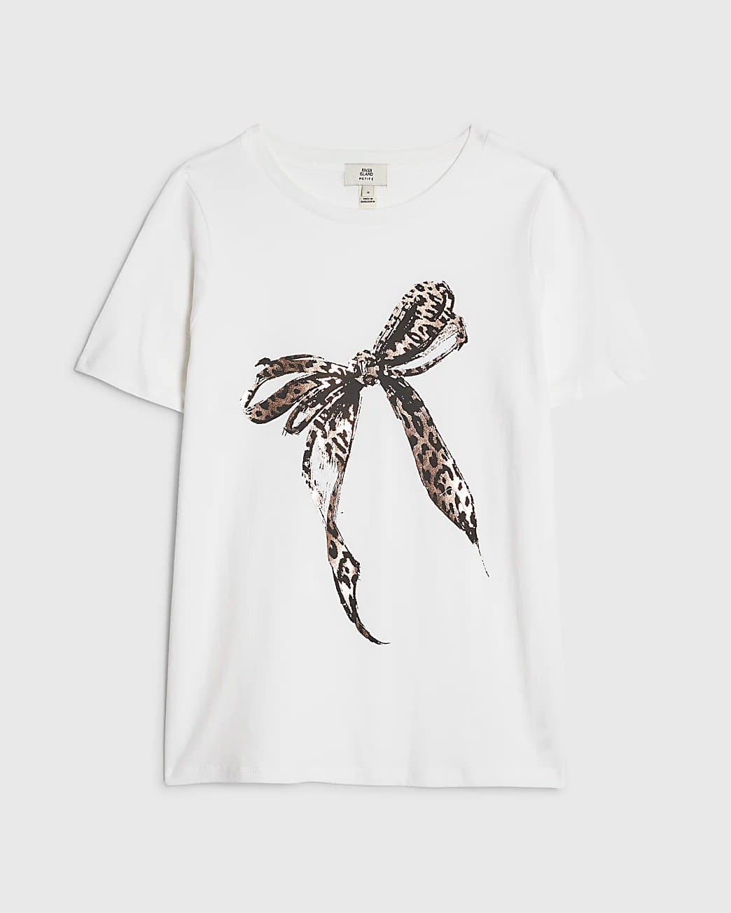 River Island River Island Womens Petite White Leopard Print Bow T-Shirt