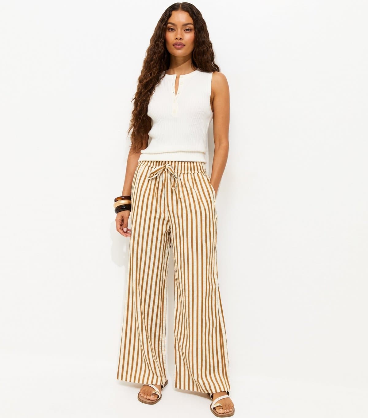 New Look Women's Petite Yellow Striped Drawstring Wide Leg Trousers New Look