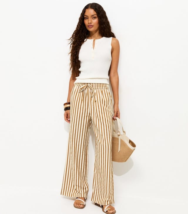 New Look Women's Petite Yellow Striped Drawstring Wide Leg Trousers New Look - 3