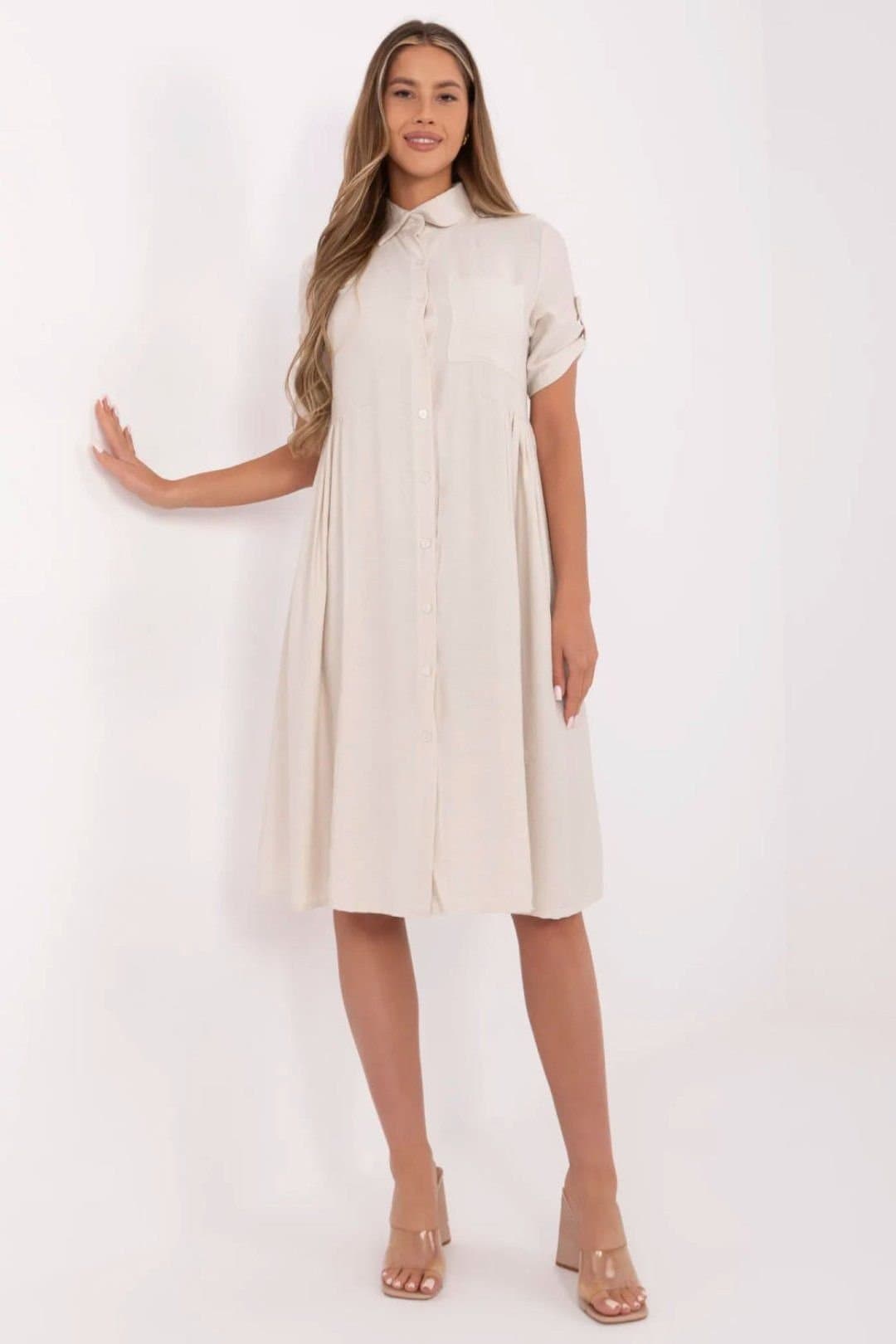Love Lace Love Lace Women's Midi Flared Shirt Dress with Chest Pocket in Beige
