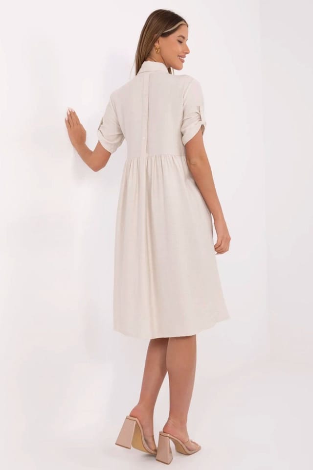 Love Lace Love Lace Women's Midi Flared Shirt Dress with Chest Pocket in Beige - 2