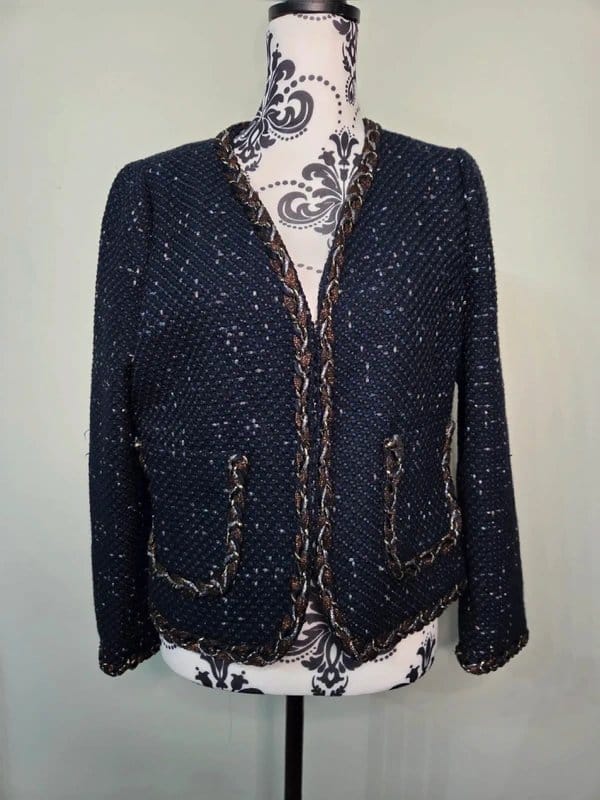 Savida Navy Boucle Jacket Blazer with Braided Trim