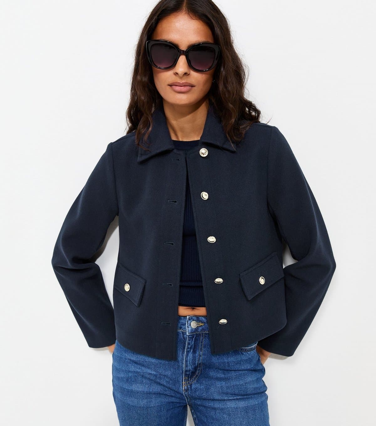 New Look Women's Navy Button Front Collared Shacket New Look