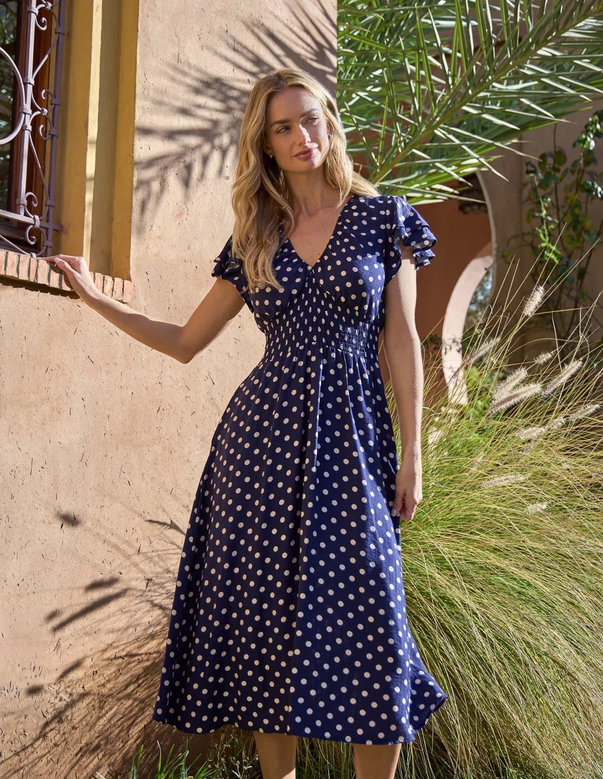 Blue Vanilla Polka Dot Elastic V Neck Midi Dress