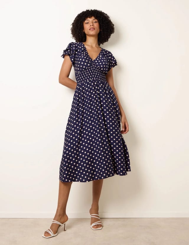 Blue Vanilla Polka Dot Elastic V Neck Midi Dress - 2