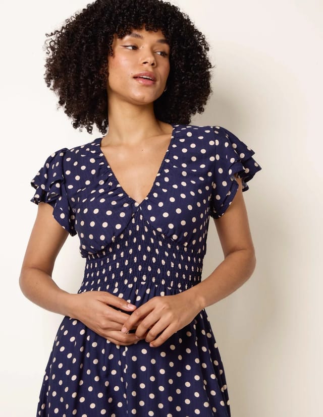 Blue Vanilla Polka Dot Elastic V Neck Midi Dress - 3