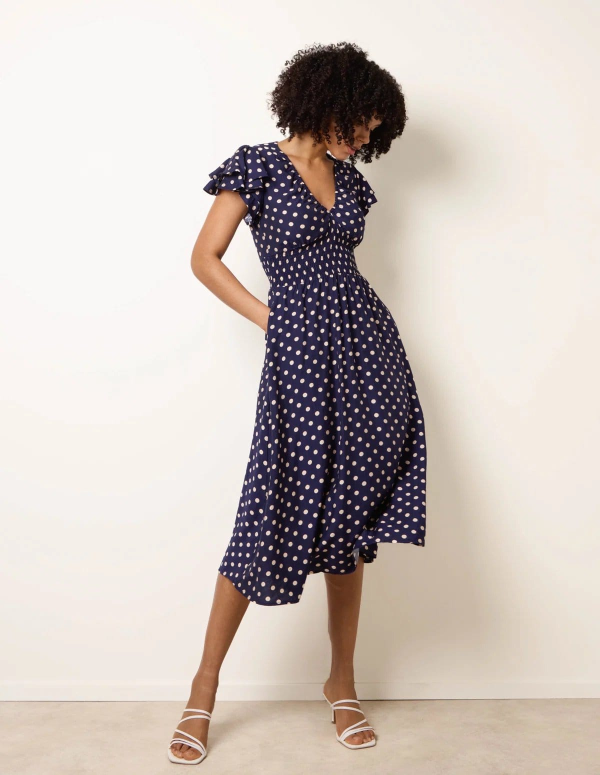 Blue Vanilla Polka Dot Elastic V Neck Midi Dress - 4