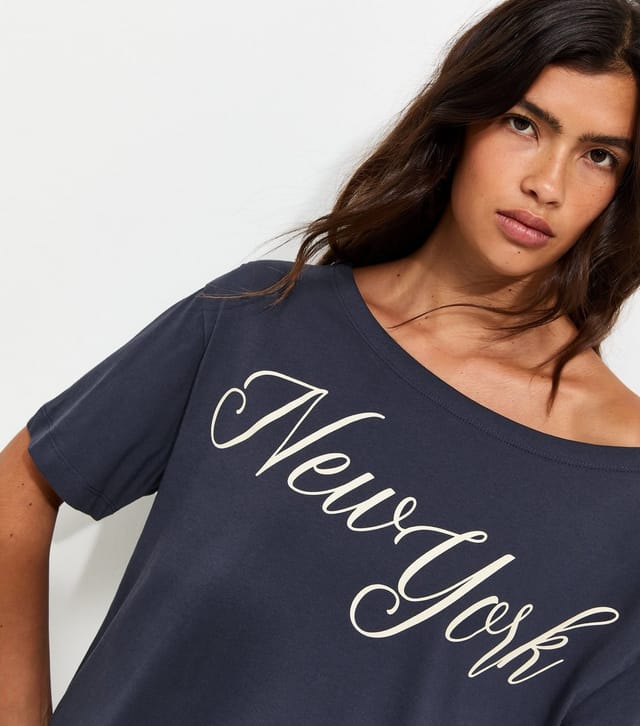 New Look Women's Navy Cotton New York Off the Shoulder T-Shirt New Look - 2