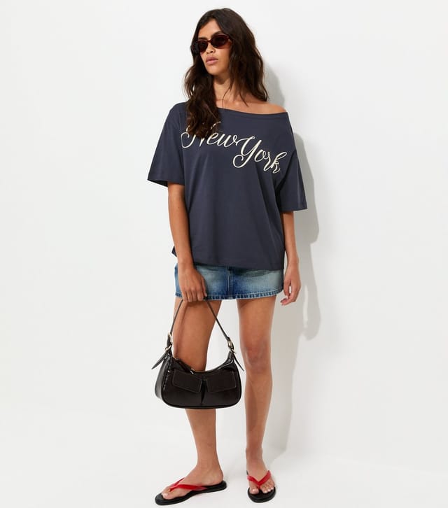 New Look Women's Navy Cotton New York Off the Shoulder T-Shirt New Look - 3