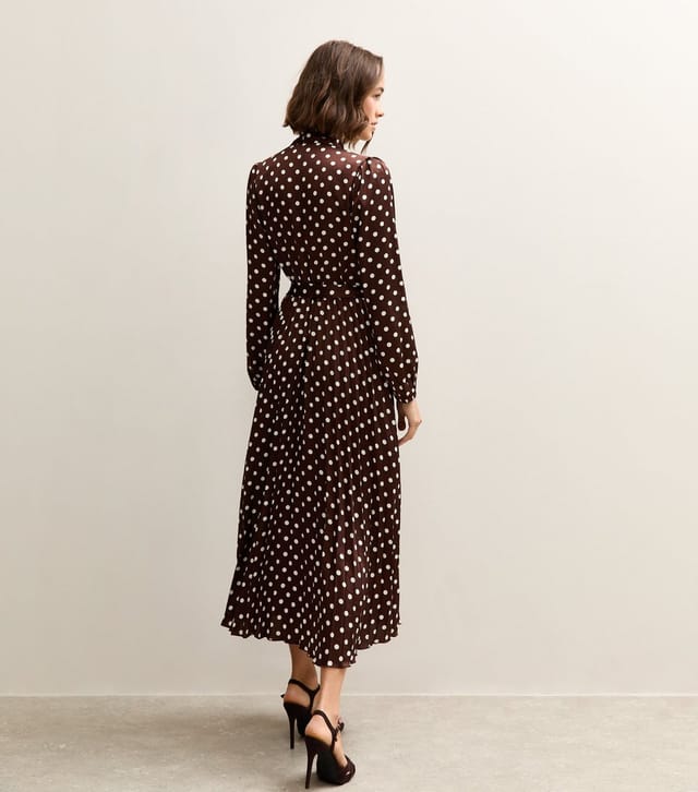 New Look Women's Dark Brown Polka Dot Pleated Long Sleeve Midi Dress New Look - 3