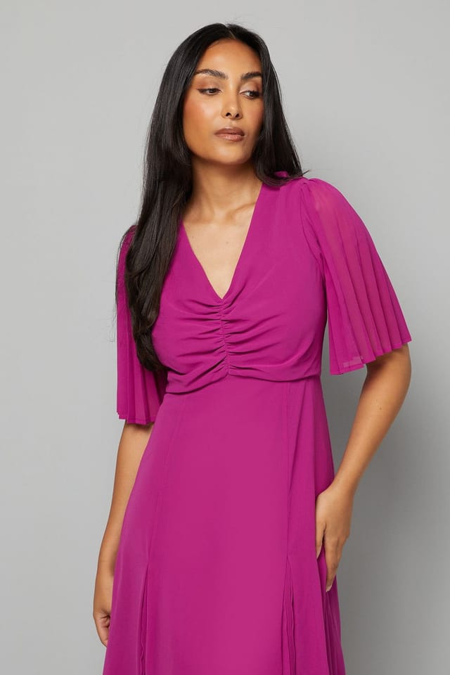 Wallis Wallis Women's Petite Pleat Insert V Neck Midaxi Dress in Magenta - 2
