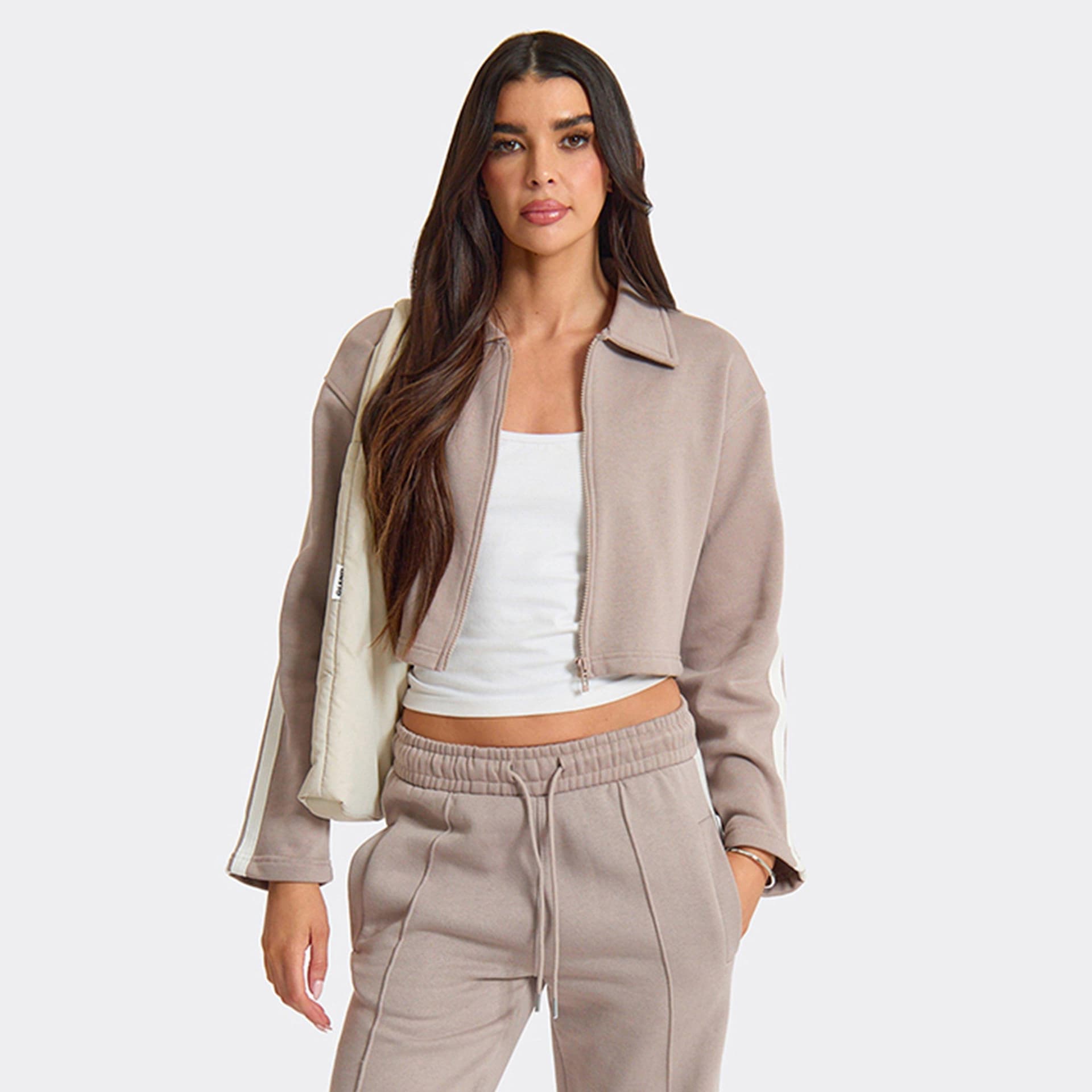 EGO Long Sleeve Zip Up Front Side Stripe Detail Collared Jacket In Beige, Women's Size UK L