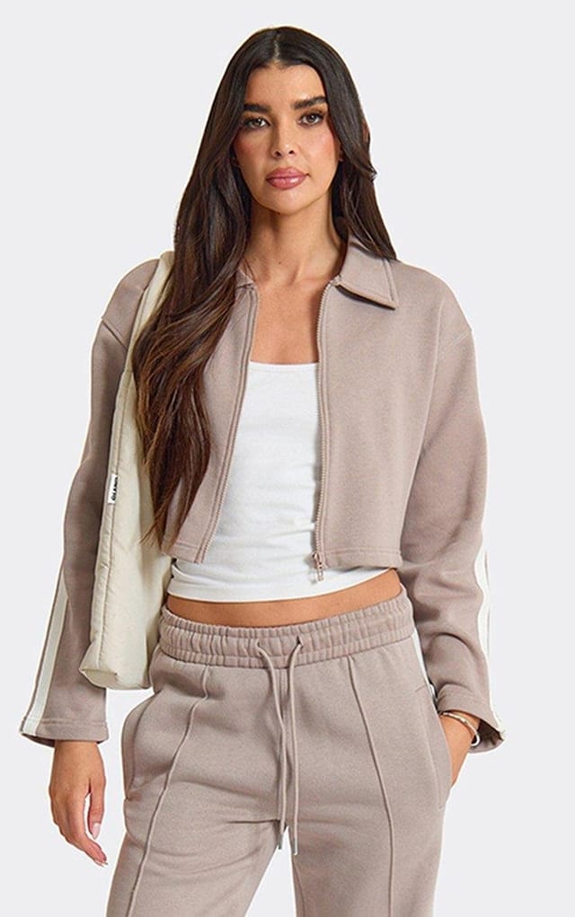EGO Long Sleeve Zip Up Front Side Stripe Detail Collared Jacket In Beige, Women's Size UK L - 2