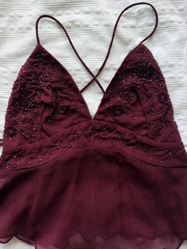 Bershka Burgundy Beaded Halter Top
