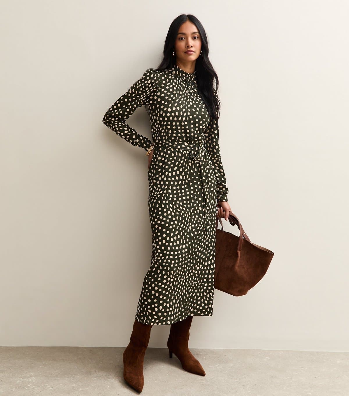 New Look Women's Green Spotty High Neck Midi Dress New Look