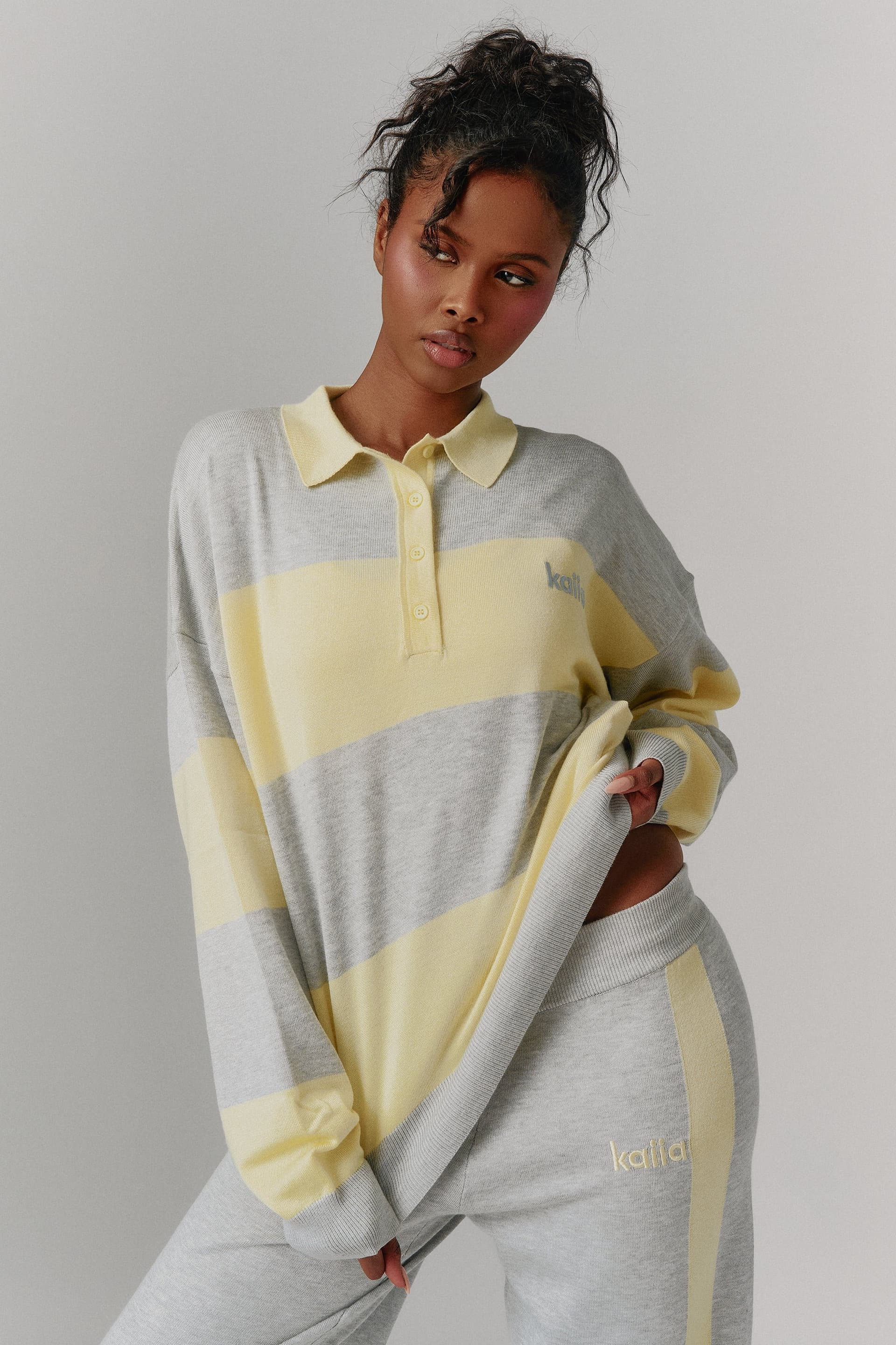 Kaiia Kaiia Lightweight Knit Oversized Rugby Style Shirt Lemon & Grey Marl