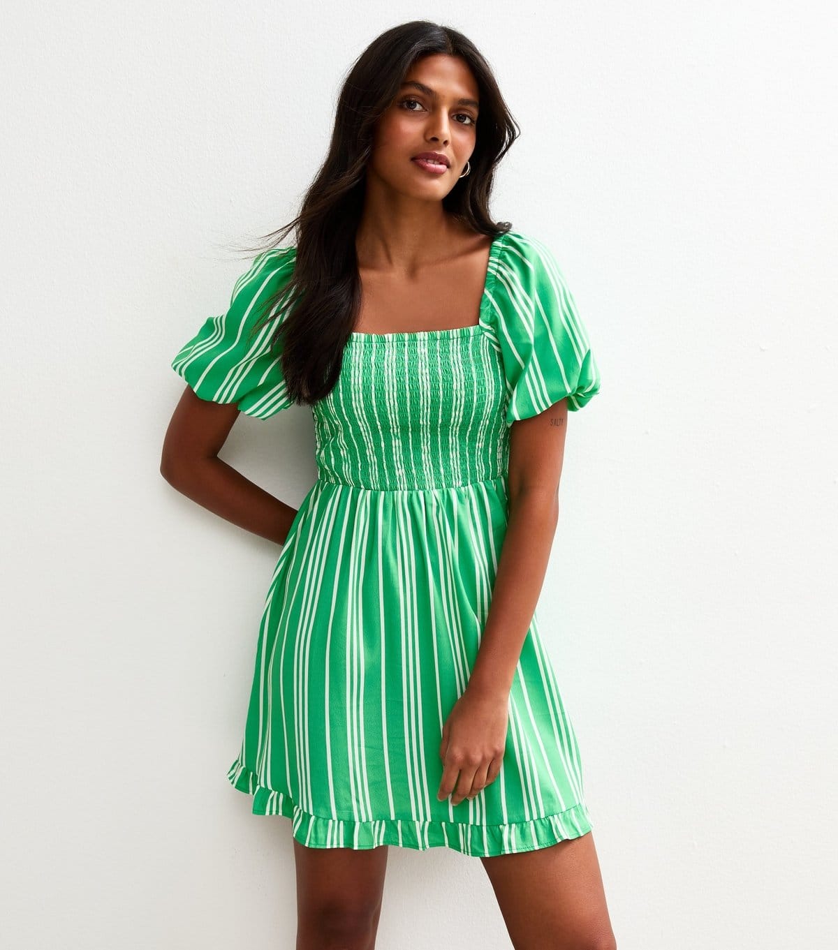 New Look Women's Green Striped Puff Sleeve Mini Dress New Look - 1