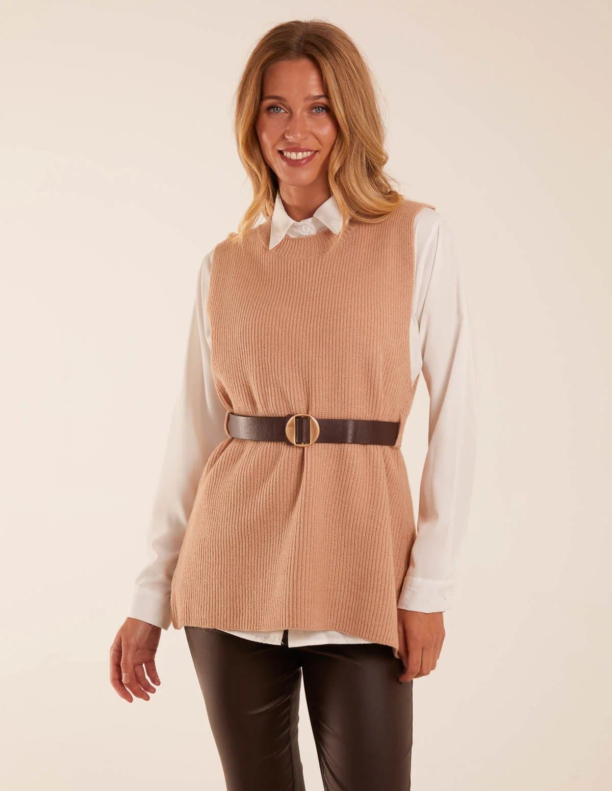 Blue Vanilla Rib Knit Vest With Blouse With Belt