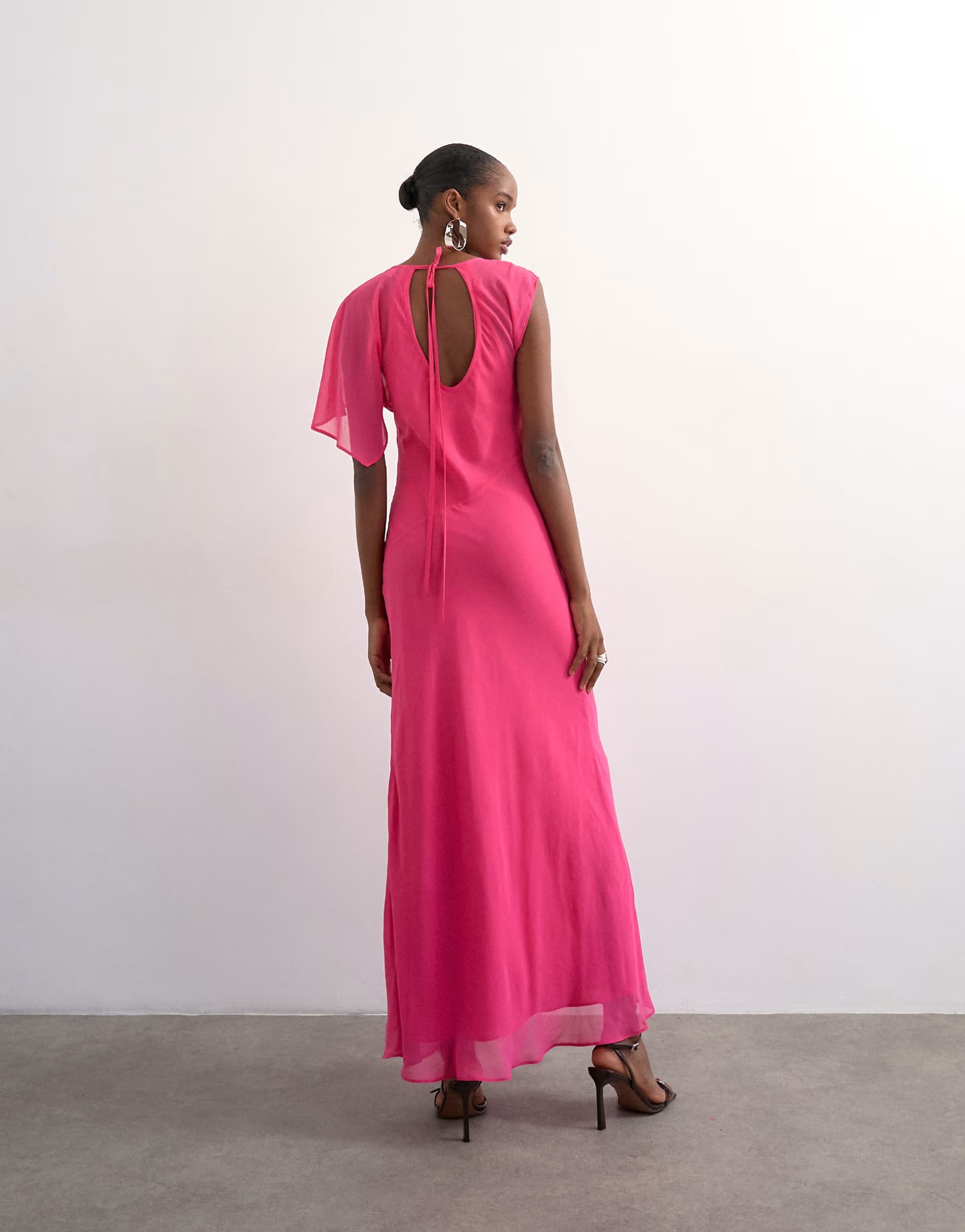 ASOS Topshop asymmetric flutter sleeve maxi dress with seaming in pink