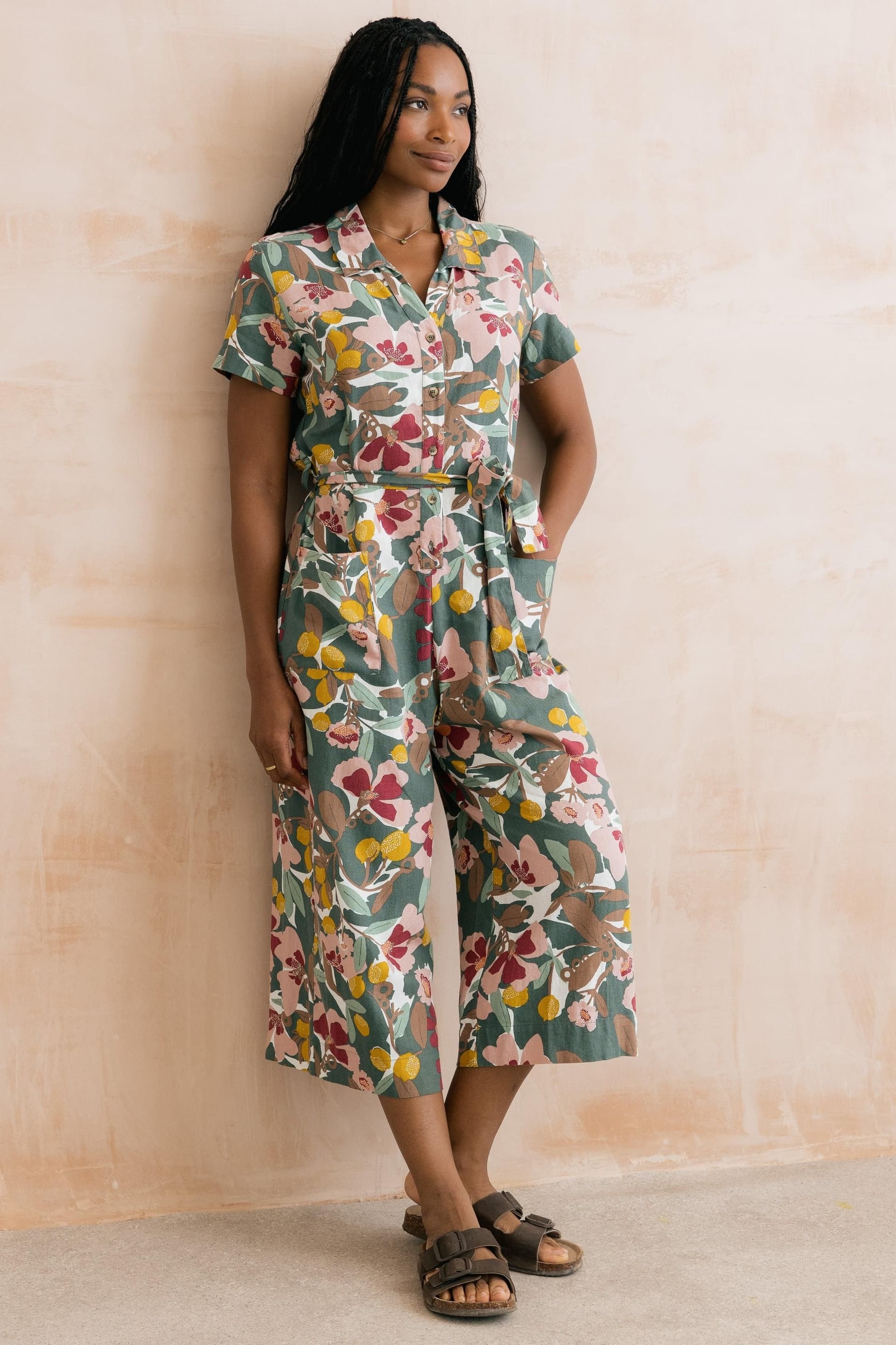 Lily & Me Lily & Me Women's Josie Ceres Print Viscose Short Sleeve Jumpsuit in Pale Green