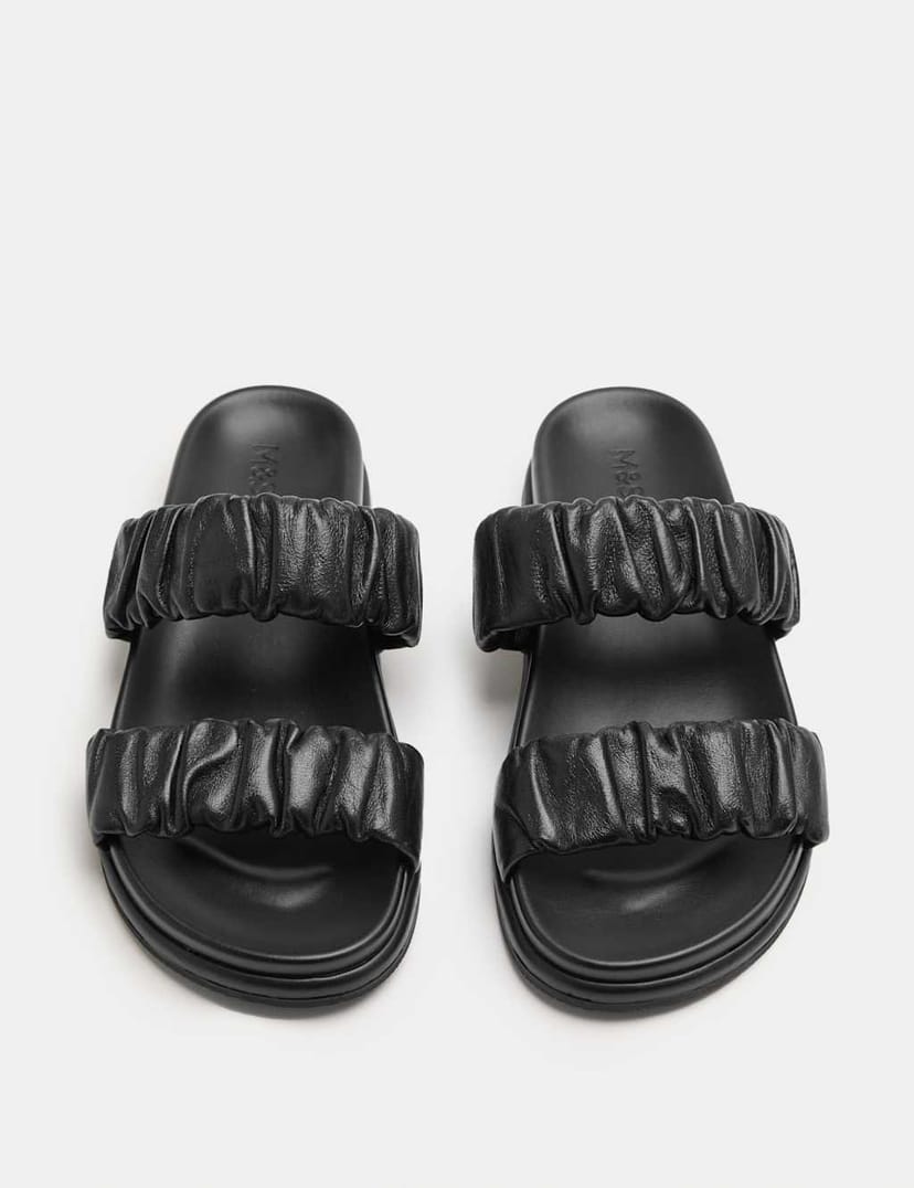 Marks & Spencer M&S Ruched Leather Mule Footbed Sandals Black - 1