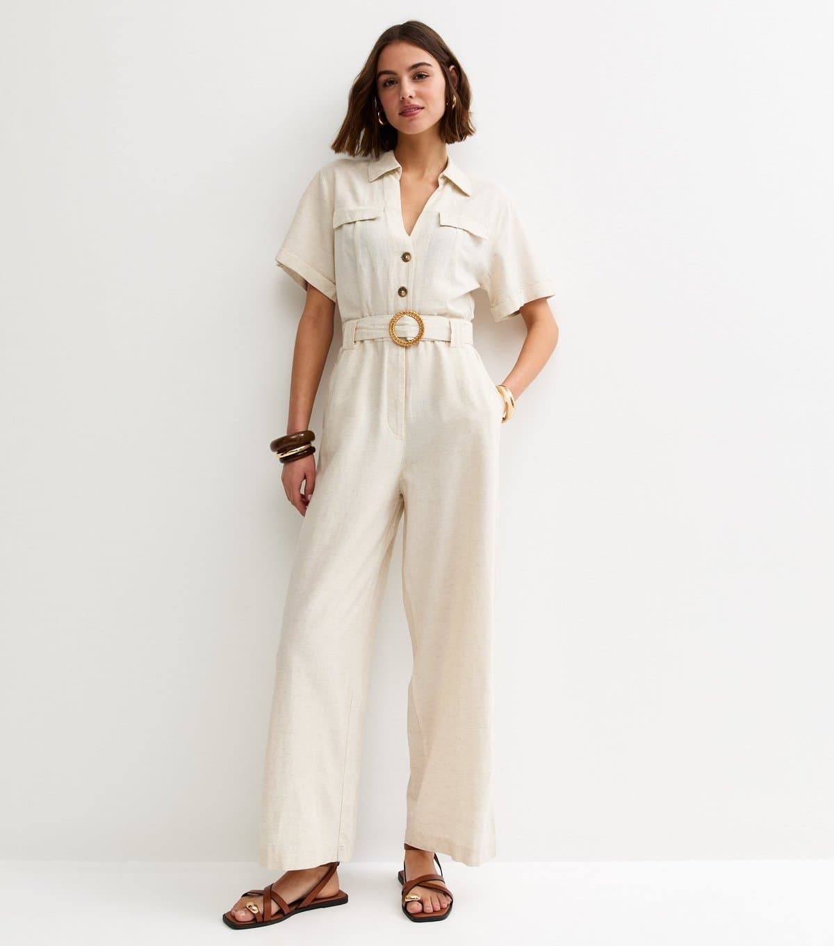 New Look Women's Stone Short Sleeve Belted Jumpsuit New Look
