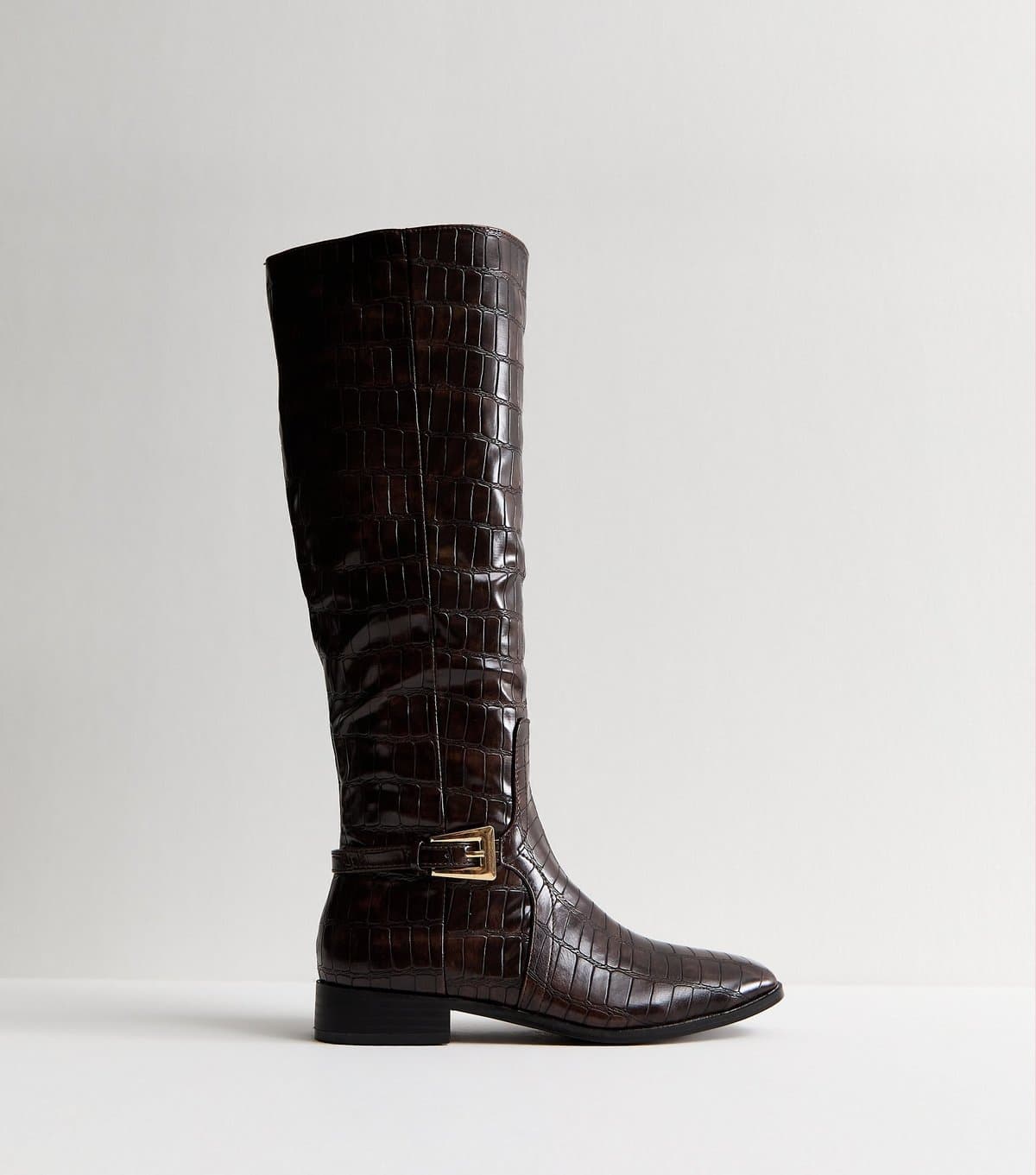 Public Desire Women's Dark Brown Crocodile Effect Faux Leather Boots Public Desire New Look