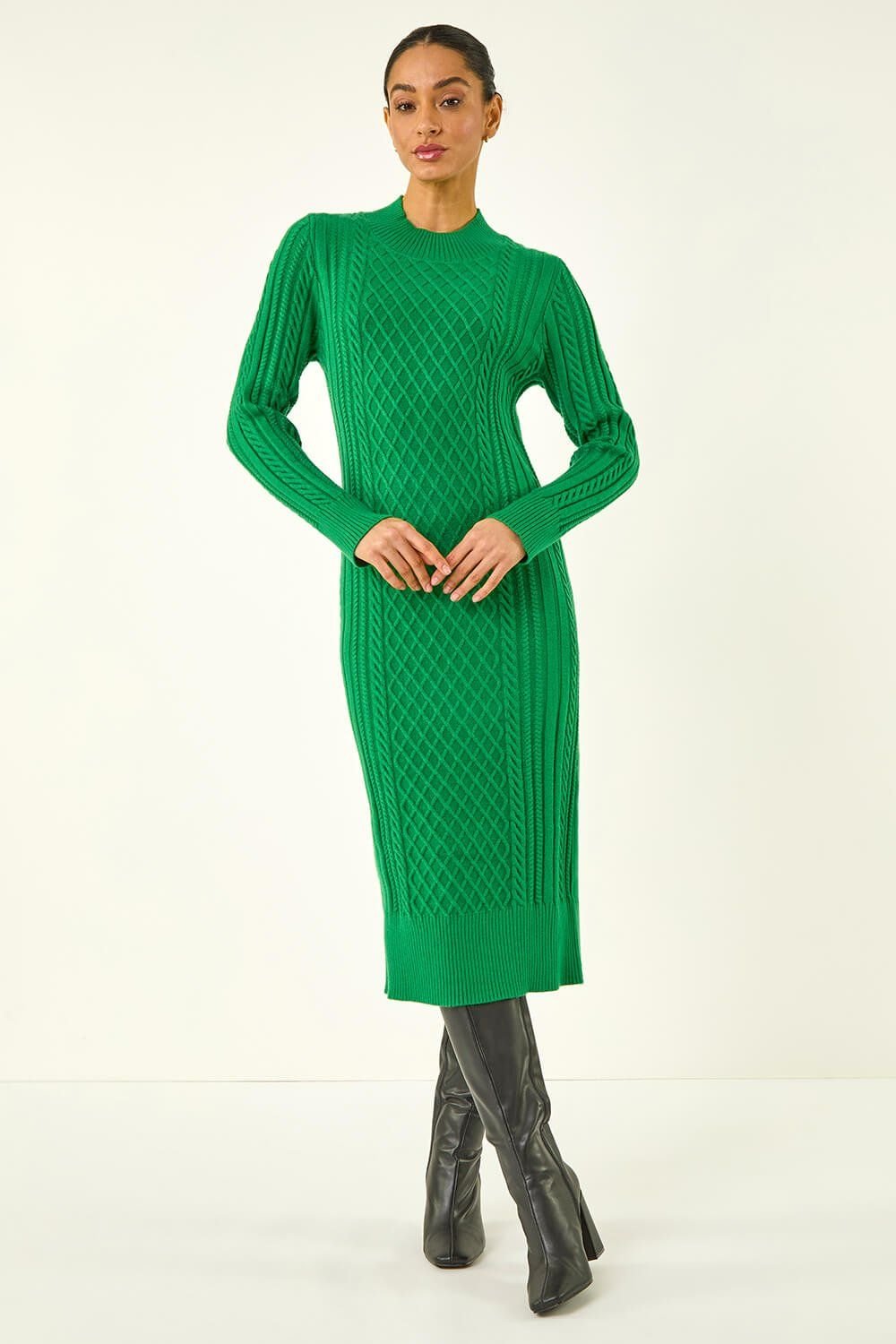Dusk Dusk Women's Cable Knit Midi Jumper Dress in Green - 2