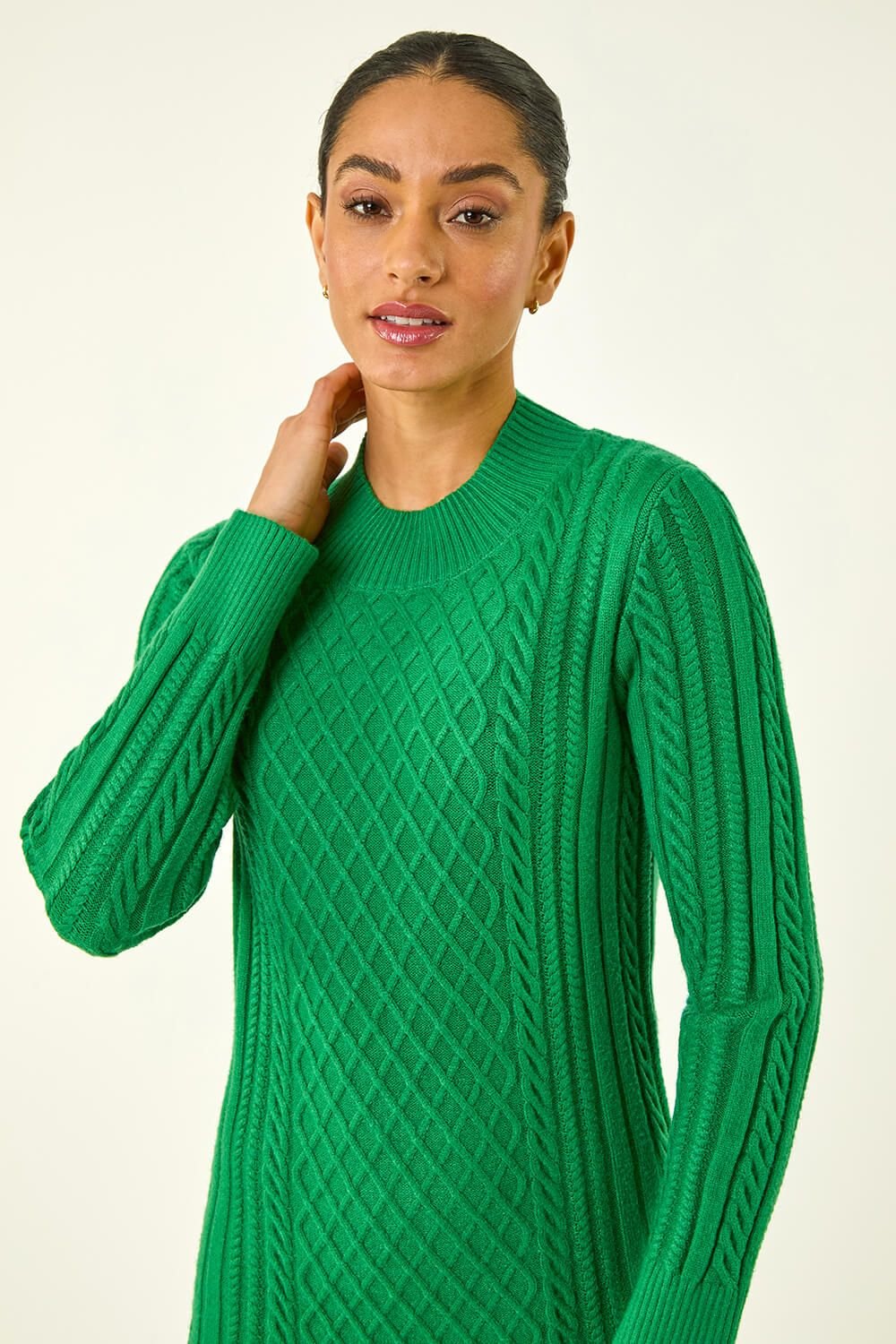 Dusk Dusk Women's Cable Knit Midi Jumper Dress in Green - 4