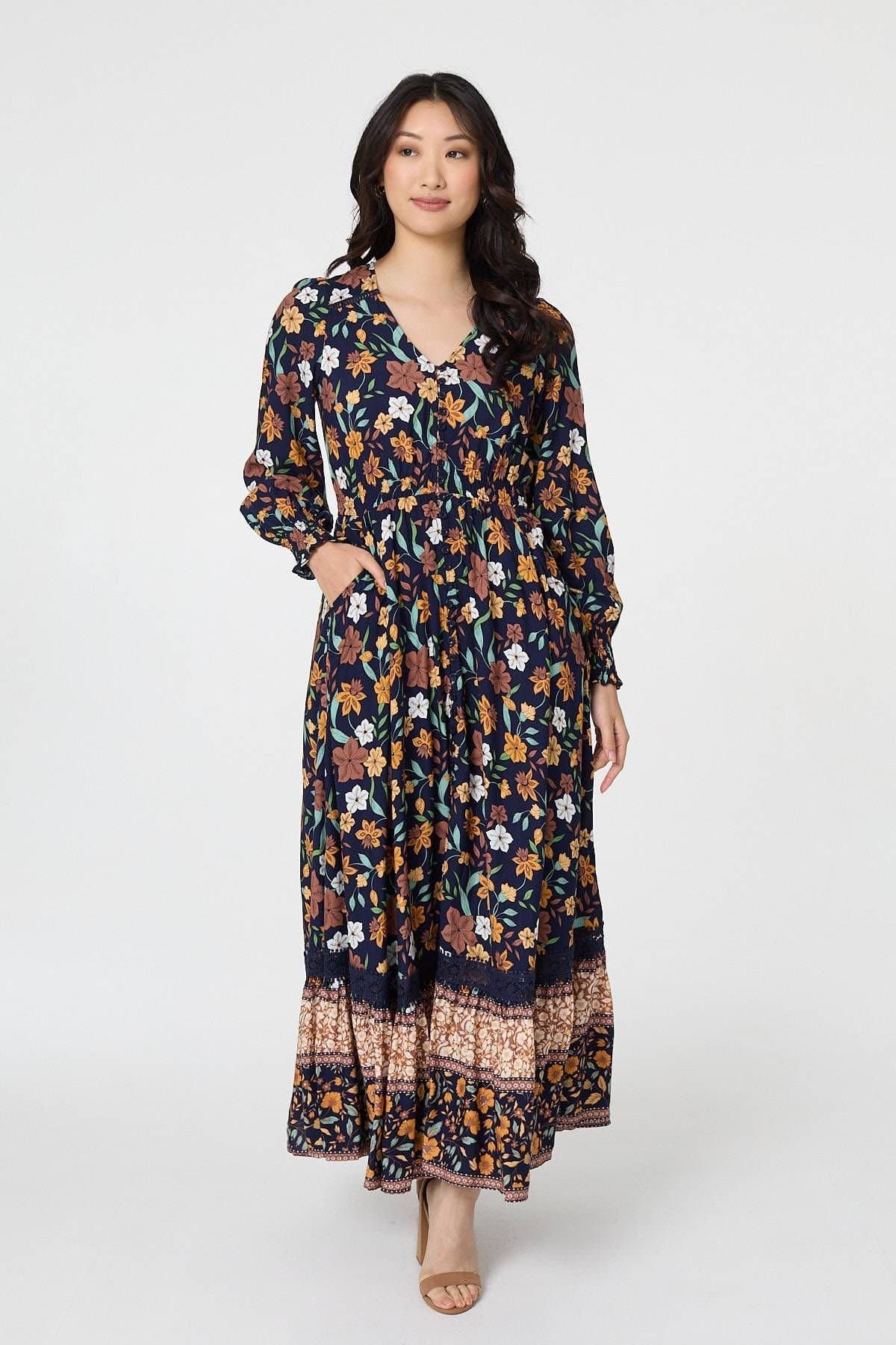 Izabel London Izabel London Women's Floral Border Print Smocked Maxi Dress in Navy