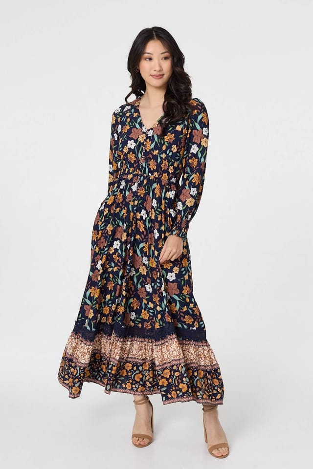 Izabel London Izabel London Women's Floral Border Print Smocked Maxi Dress in Navy - 2