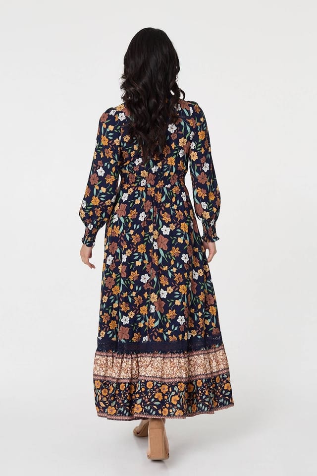 Izabel London Izabel London Women's Floral Border Print Smocked Maxi Dress in Navy - 3
