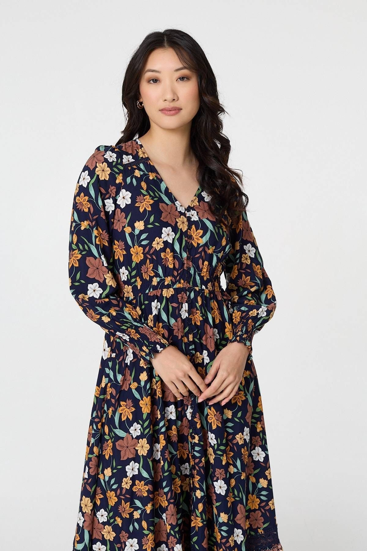 Izabel London Izabel London Women's Floral Border Print Smocked Maxi Dress in Navy - 4