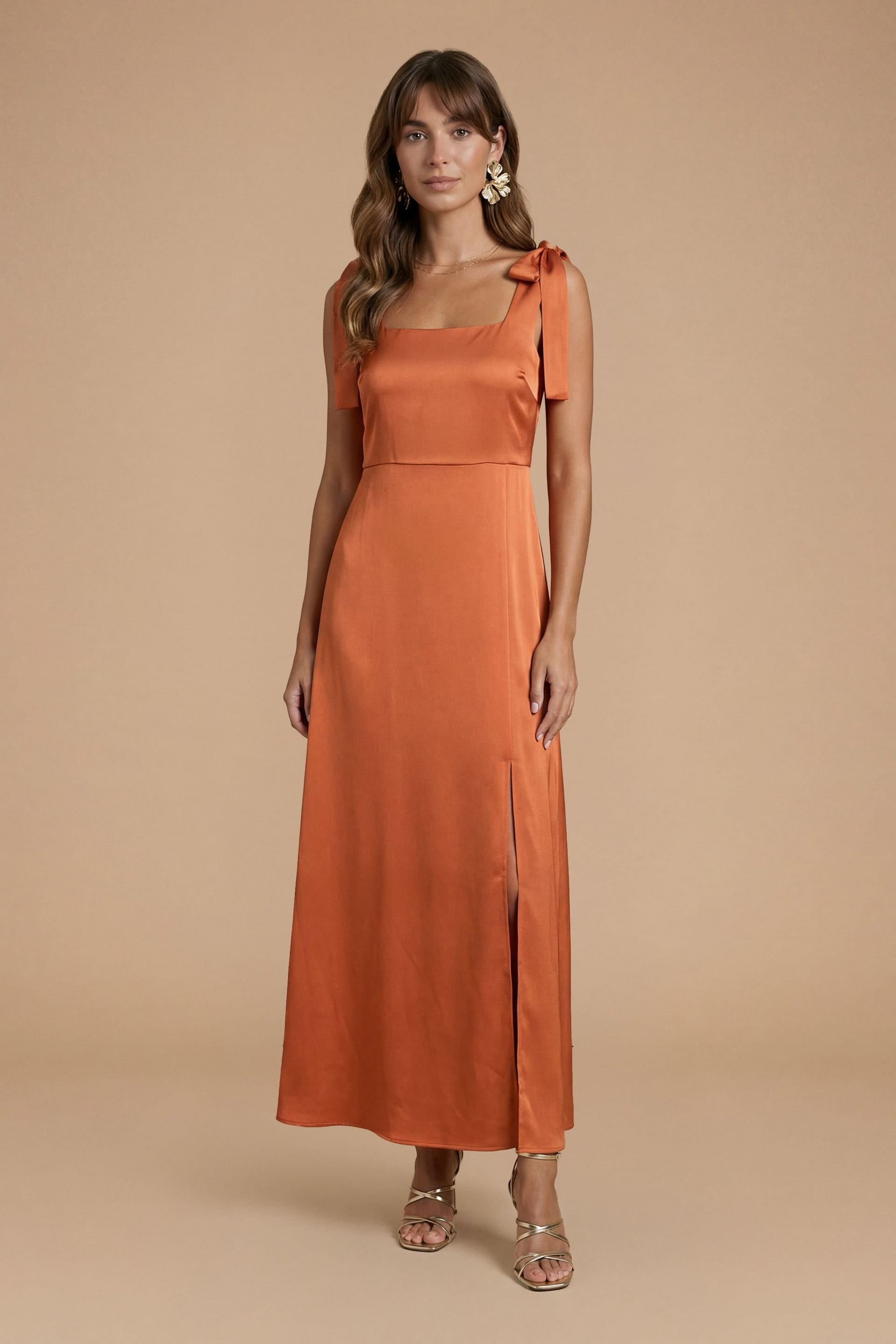 Oasis Rust Satin Tie Shoulder Midi Bridesmaid Dress