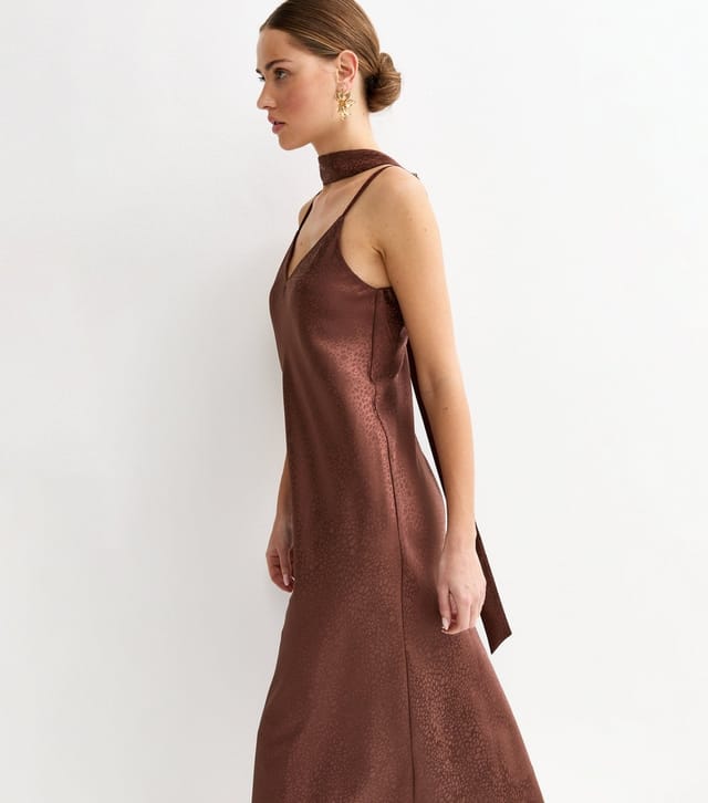 New Look Women's Dark Brown Satin Slip Midi Dress with Scarf New Look - 2