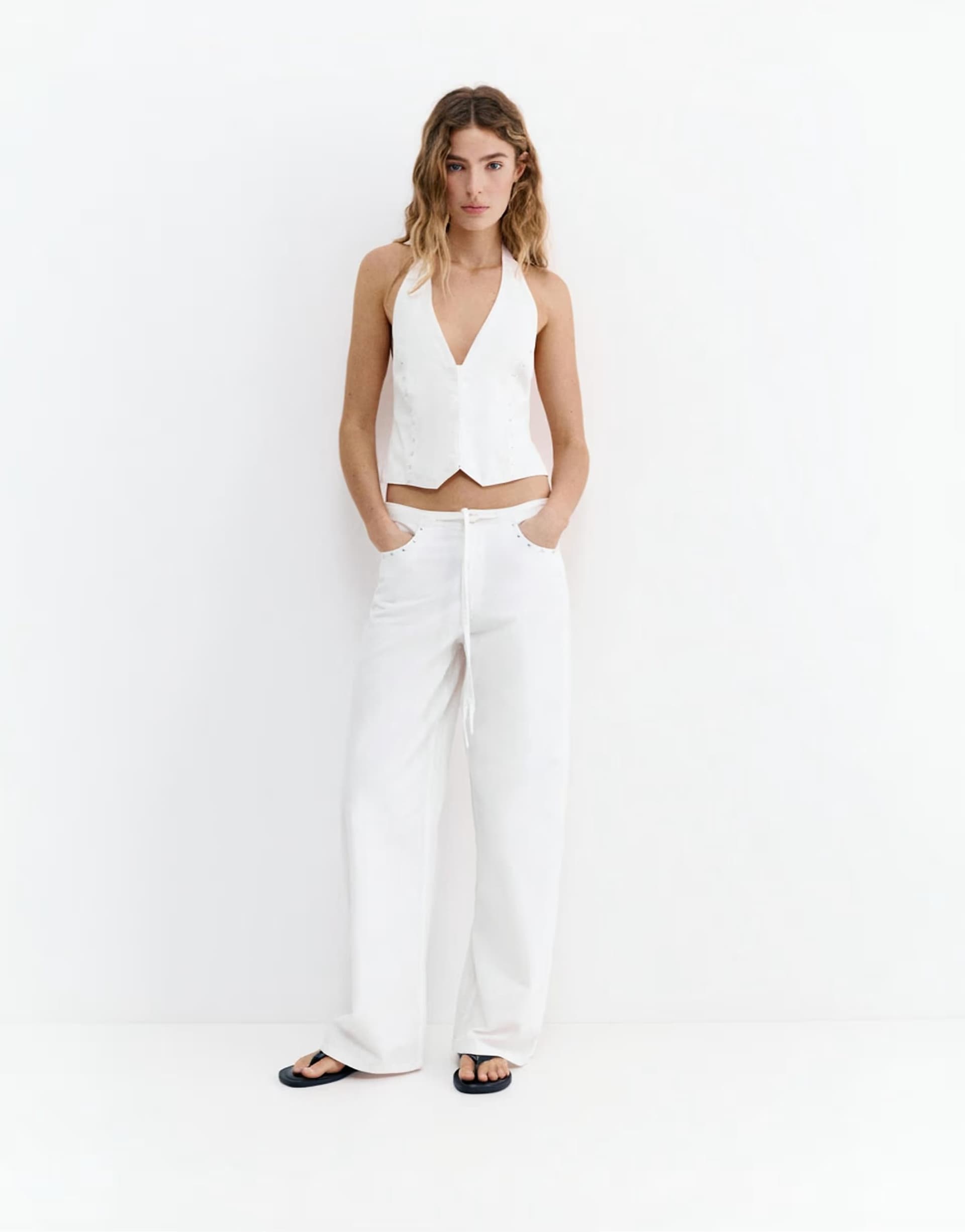ASOS Pull&Bear Baggy jeans with stud detail and drawstring in white