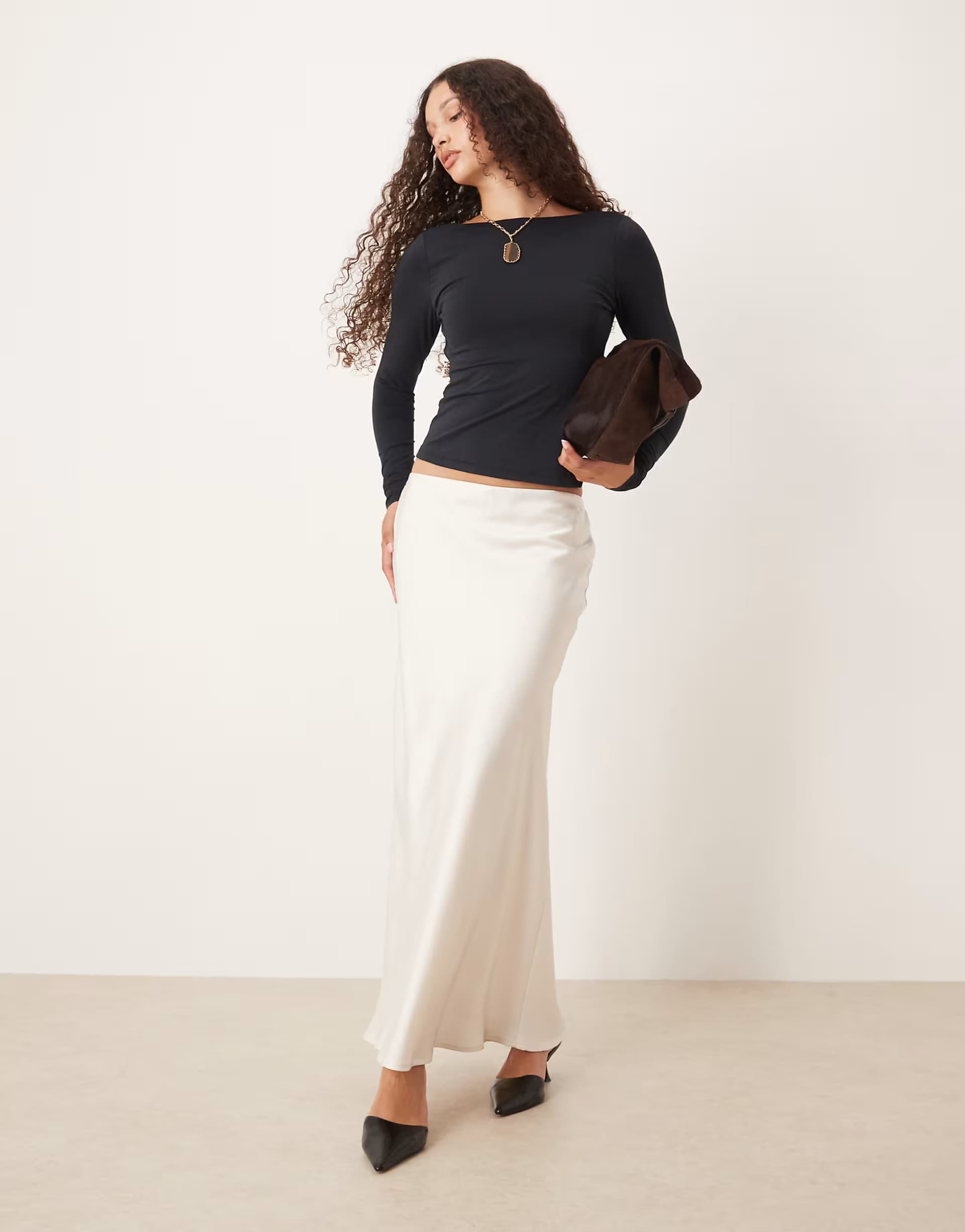 ASOS Abercrombie & Fitch satin look high rise bias cut maxi skirt in cream