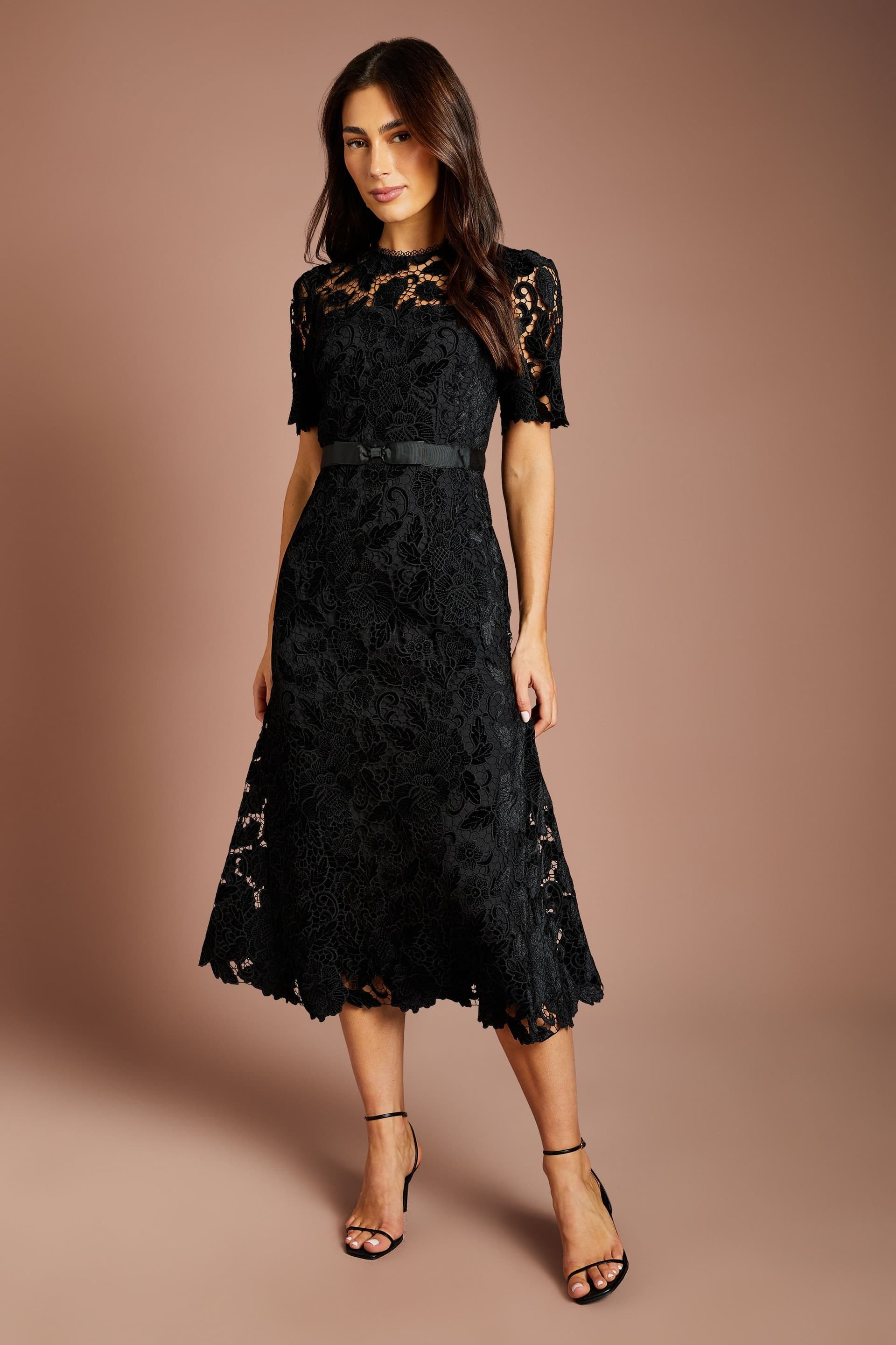 Coast Coast Women's Velvet Lace Midi Dress With Bow Belt in Black