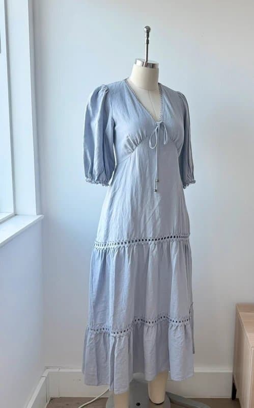 Summer Light blue linen blend bohemian tiered maxi dress