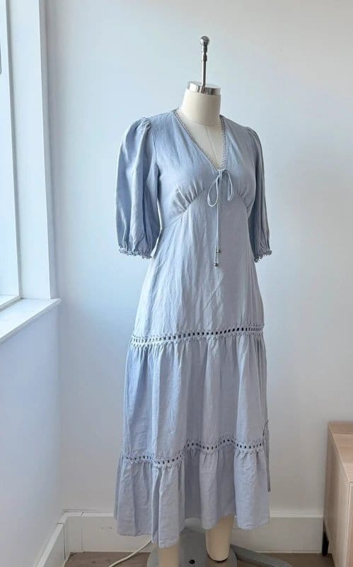 Summer Light Blue Linen Blend Bohemian Tiered Maxi Dress