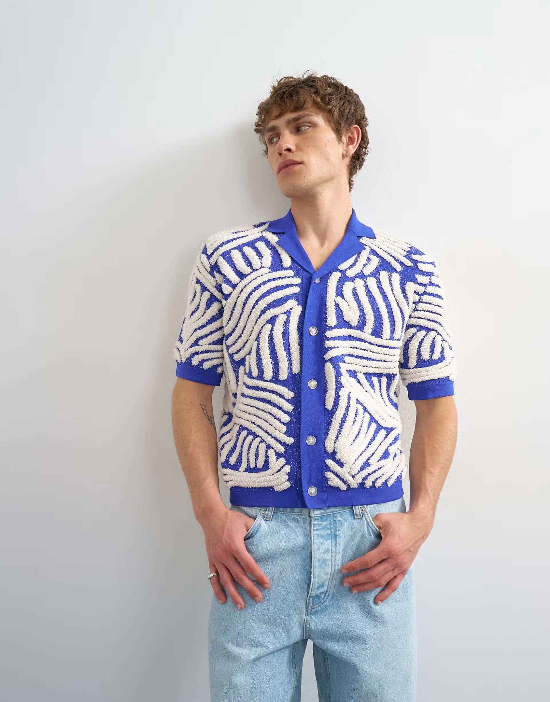 ASOS Topman relaxed fit knitted shirt with all over boucle floral applique in blue