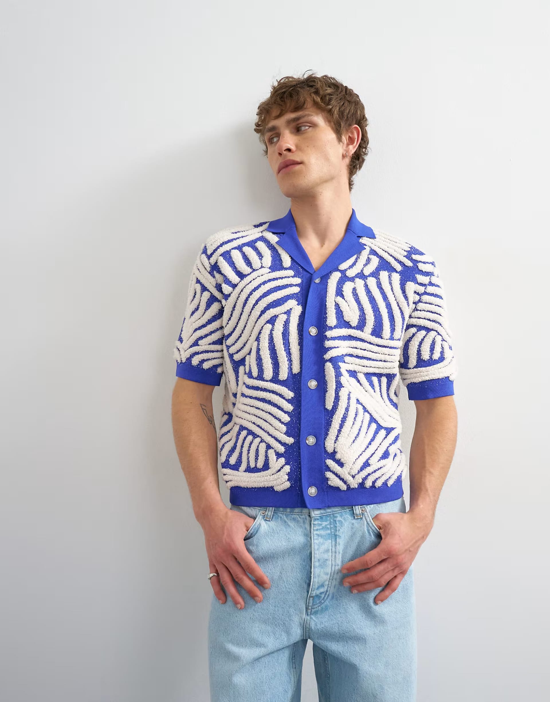 ASOS Blue Boucle Floral Appliqué Relaxed Fit Knitted Shirt