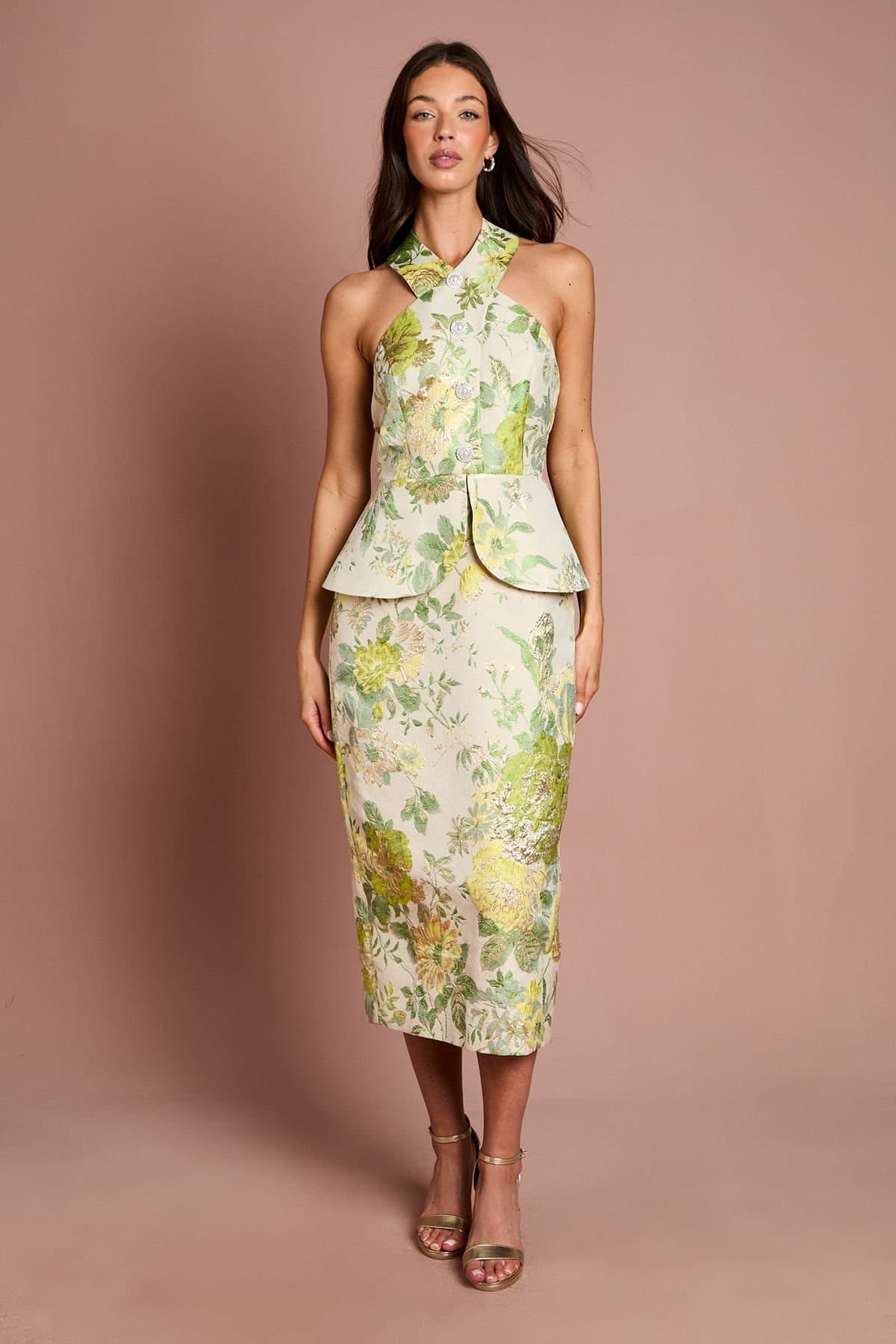 Coast Coast Women's Cross Neck Peplum Hem Jacquard Pencil Skirt in Sage