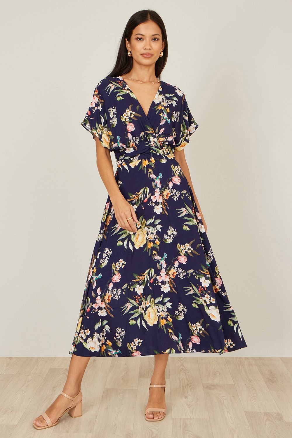Yumi Yumi Women's Navy Viscose Floral Print Midi Dress With Ruched Waist - 2