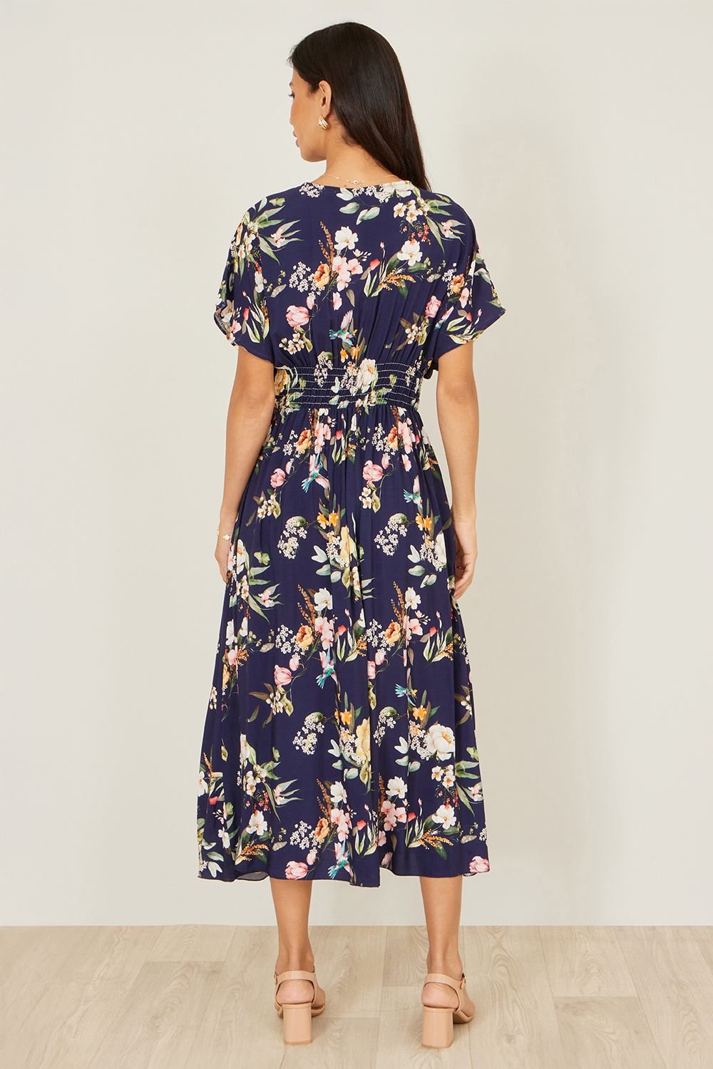 Yumi Yumi Women's Navy Viscose Floral Print Midi Dress With Ruched Waist - 4