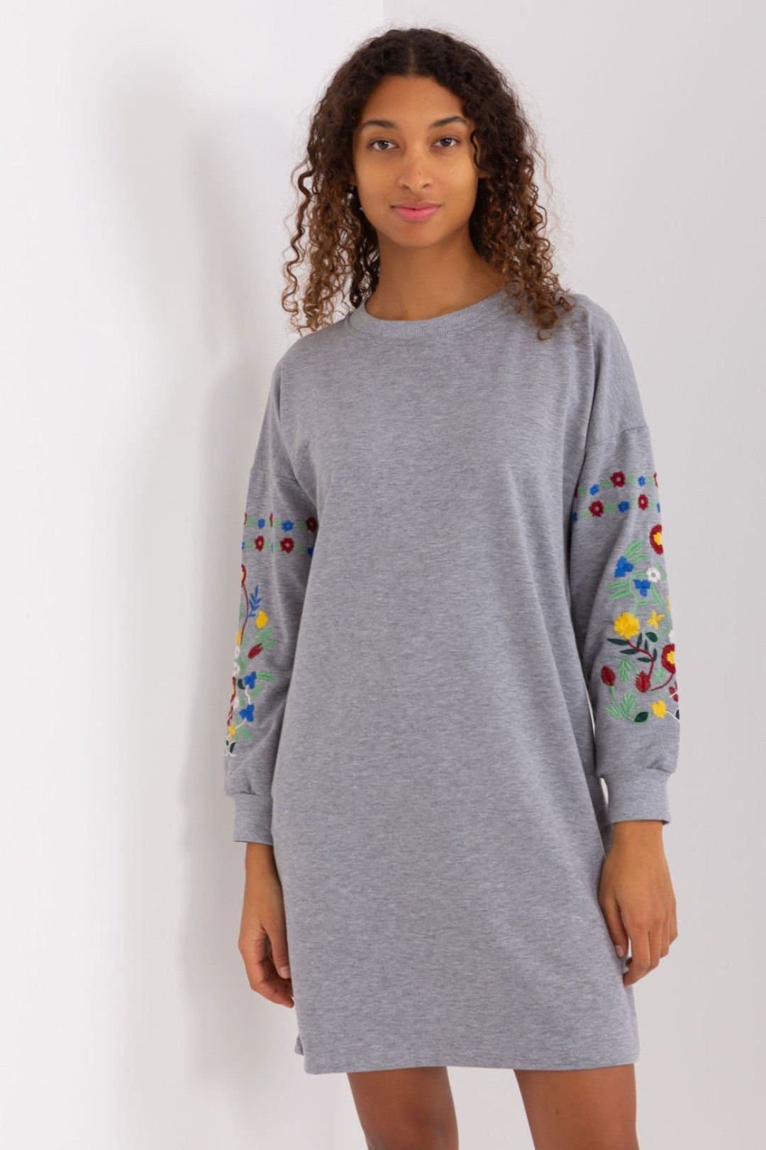 Love Lace Love Lace Women's Embroidered Long Sleeve Sweat Dress with Pockets in Grey