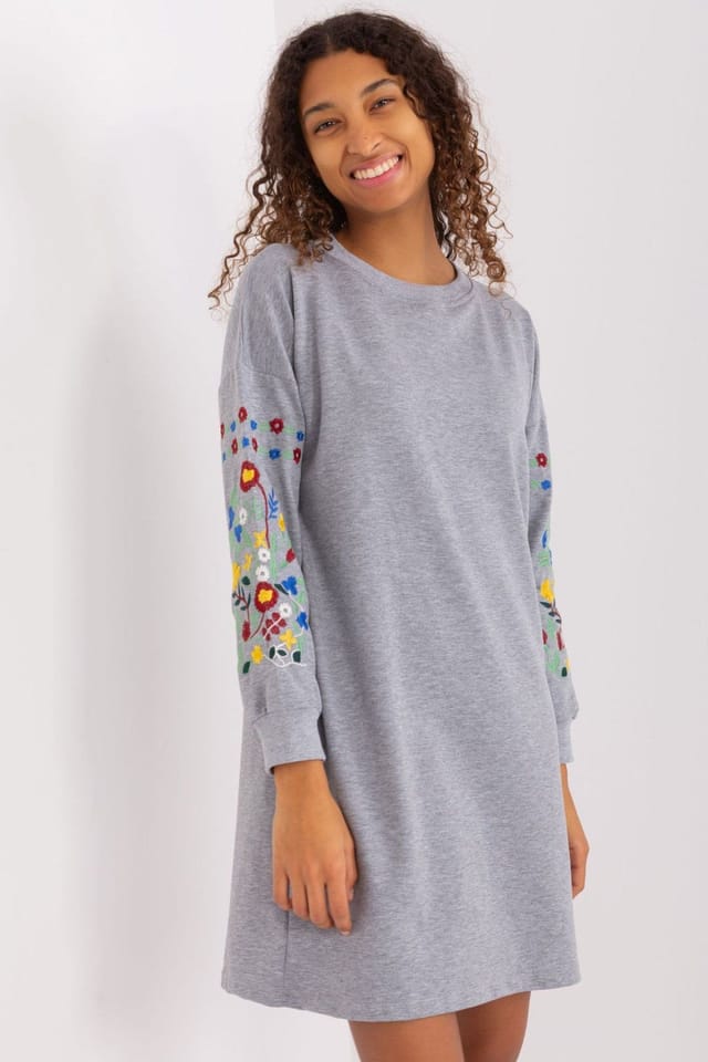 Love Lace Love Lace Women's Embroidered Long Sleeve Sweat Dress with Pockets in Grey - 2
